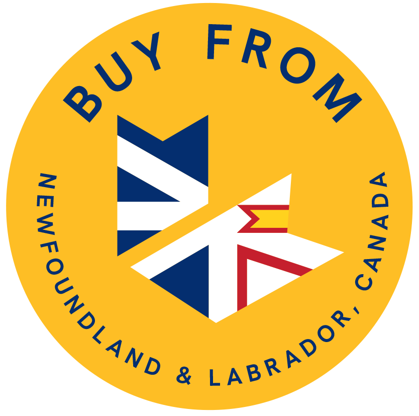 Yellow circle with words "Buy From Newfoundland and Labrador, Canada".